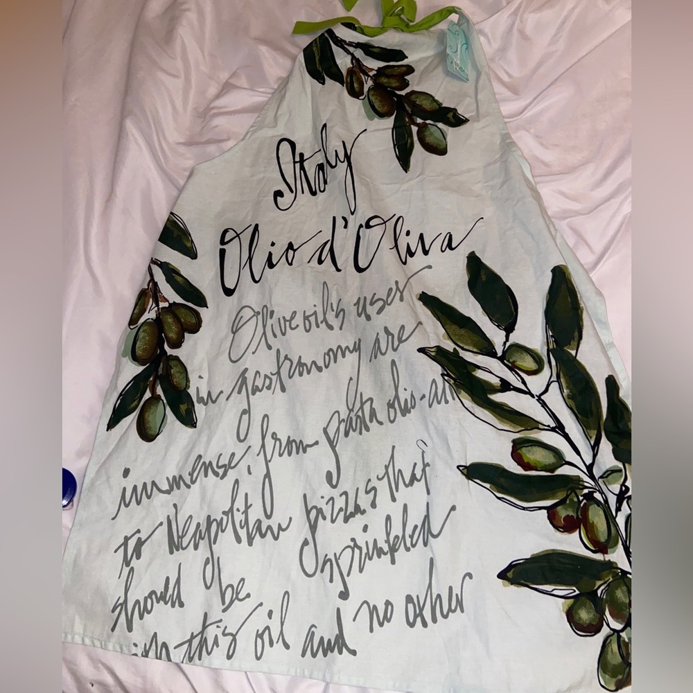 NEW Vintage Apron Olive Green Cursive Writing Olive Branches Rossanna